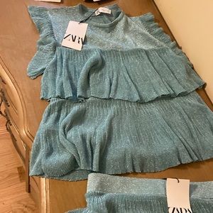 Metallic thread ruffled top and skirt NWT